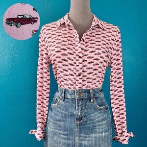 Topshop Cadillac Classic Car Print Button Up Blouse in Pink & Red US 2 UK 6